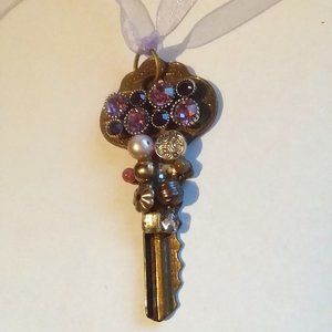 Vintage Brass Key Charm Purple Rhinestone Freshwat